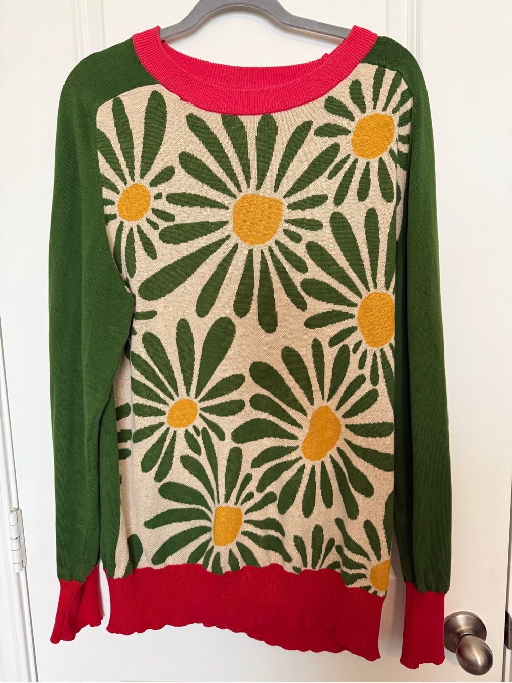 OxKnit Retro Daisy Bold Floral Print 100% Cotton Knit Sweater Contrast Sleeves